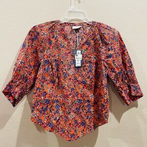 Vibrant Orange Floral Puff-Sleeve Women's Top